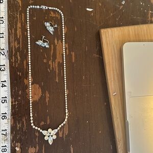 34” Crystal Rhinestone Necklace And Screw Back Earring Set 60s Likely